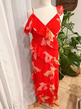 Future Collective XS Red Floral Ruffle Midi Dress Sheer Romantic Jenee Naylor